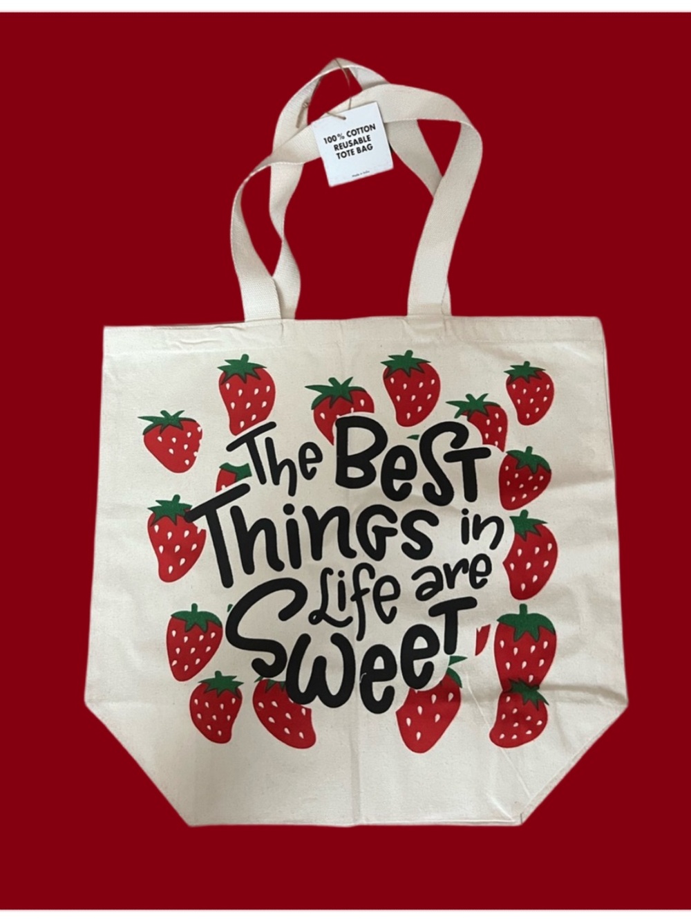 BIG Canvas Strawberry Print Tote Bag - Beige